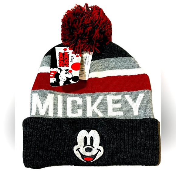 Disney Mickey Mouse Red and Gray Pom-Pom Beanie - Picture 1 of 2